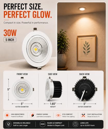 Image of KUSUM 30 Watt White Reflector Concealed LED Ceiling COB Round Spot Light with Focused Beam | Neutral White, Pack of 1 (4000K) | Energy Efficient LED Ceiling Light for Home and Office