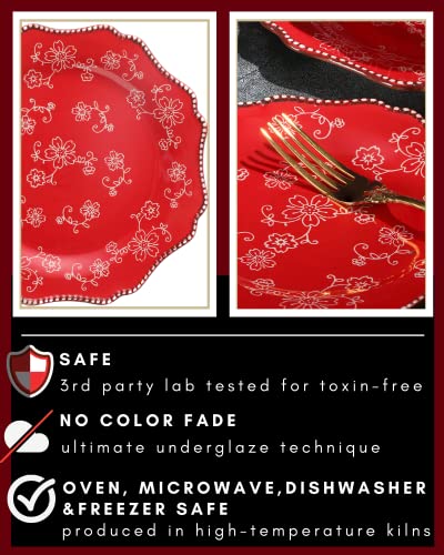 Kunaboo Artisanal Small Ceramic Plates, Salad Plates, Dessert Plates Ceramic Plates Set Of 6-7.5” - Sakura Floral Series Cherry Red - Ready To Wrap Gift #TOP3