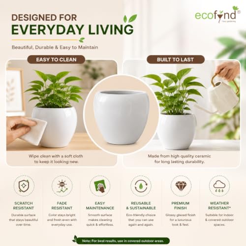 Image of ecofynd 5.1 Inch Ceramic Plant Pots with Drainage Hole, Modern Decorative Clay Flower Pots for Indoor Plants, Decorative Tabletop Planters for Home, Office, Living Room, Bedroom & Shelf (CPOT047-WHT)