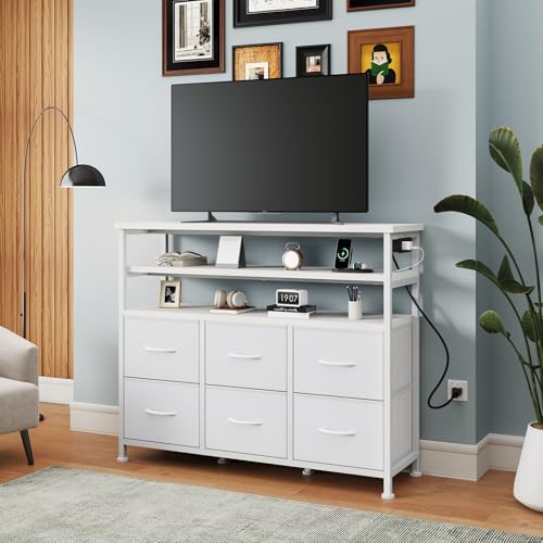 Image of NEWBULIG Dresser TV Stand with 6 Fabric Drawers and 2 Shelves, TV Media Console Table for Up to 45 inch, Entertainment Center with Charging Station for Living Room Bedroom, White