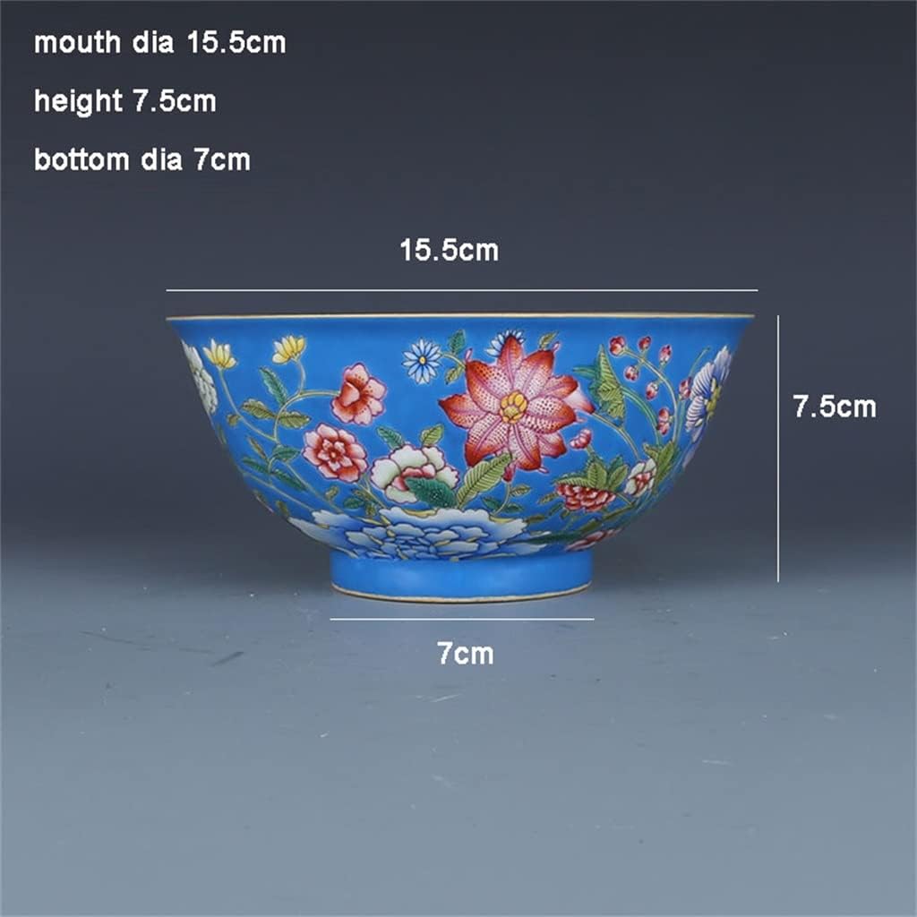 2pc Pastel Gold Painted Hand-painted Flower Bowl Antique Porcelain Ornaments(Blue)