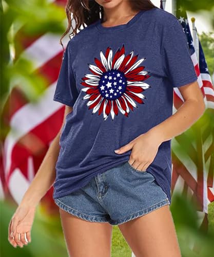 ZWSYXL American Flag Sunflower Shirts Women 4th of July Graphic Tees Patriotic T-Shirts USA Flag Star Stripe Tops2