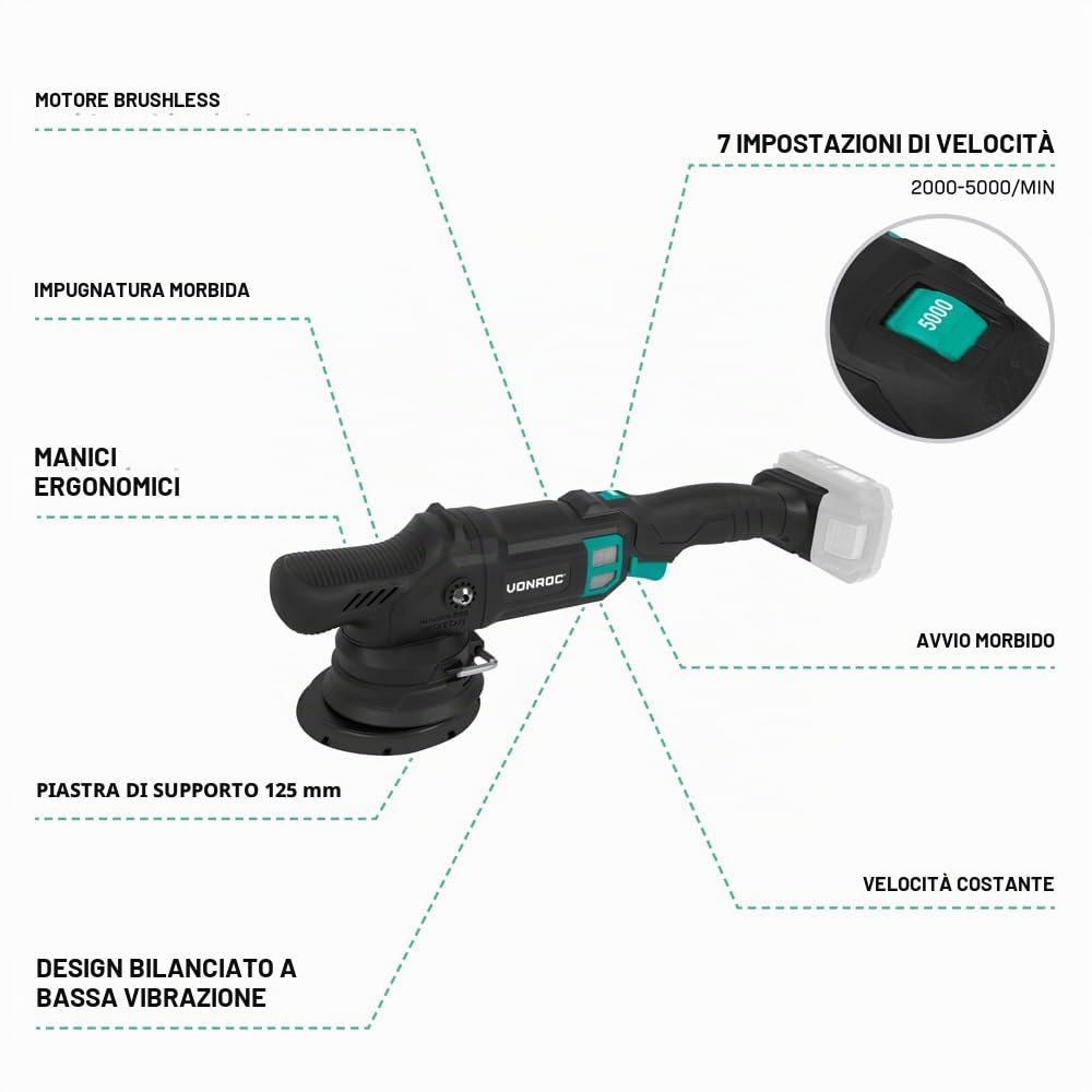 VONROC Lucidatrice Rotorbitale 20V Ø125mm | Motore Brushless, 7 Velocità, Soft Start | Solo Corpo Macchina | Ideale per Auto, Barche, Mobili, Resina | PM510DC