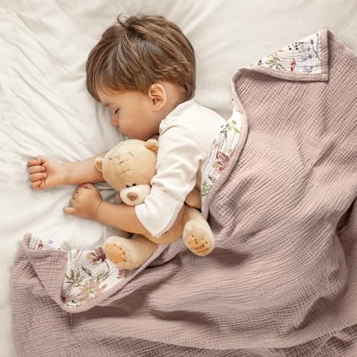 Image of lulumoon Muslin Baby Blanket for Girls - Soft Cotton for Newborn - 4 Layer Reversible Breathable Floral Receiving Blanket for Nursery Crib and Stroller 47 inchx47 inch(Sand Flower)