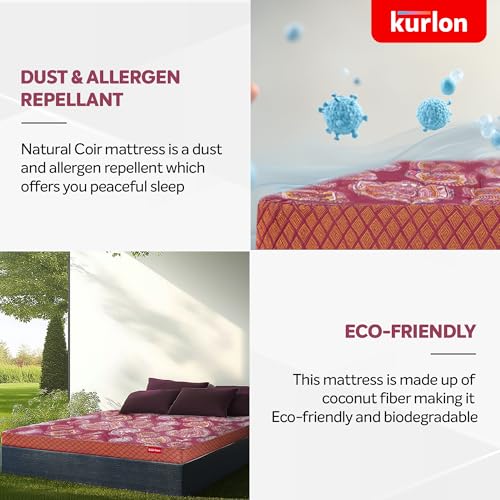 Image of Kurlon Natural Coir Pad Mattress | Rubberized Coir | Breathable Fabric |Medium Firm Support| Natural Cooling | PU Foam Quilting | Premium Finish | Double Size | 72x48x5 | 2 Yrs Warranty