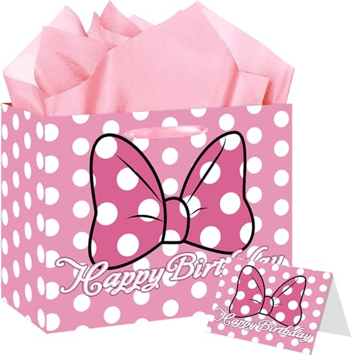 Mouse Birthday Gift Bag Pink Bow Gift Bag with Card and Tissue Paper Pink Bow Birthday Party Decorations for Girls Baby Shower Party Favors Mouse Themed Celebration Supplies