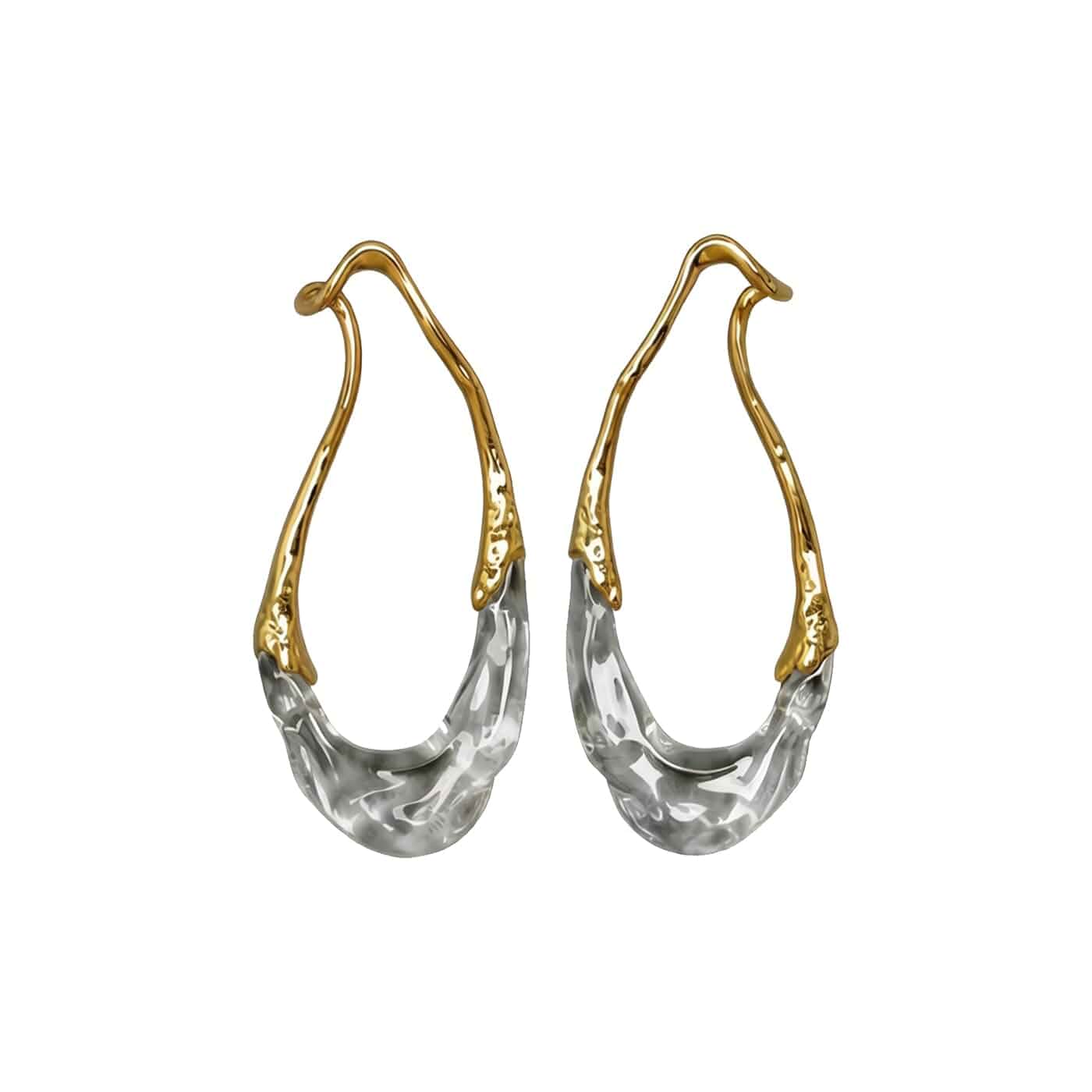 Molten Liquid Clear Teardrop Sculptural Hoop Dangle Earrings For Women Statement Modern Minimalist Artistic Design Lightweight Gold Color