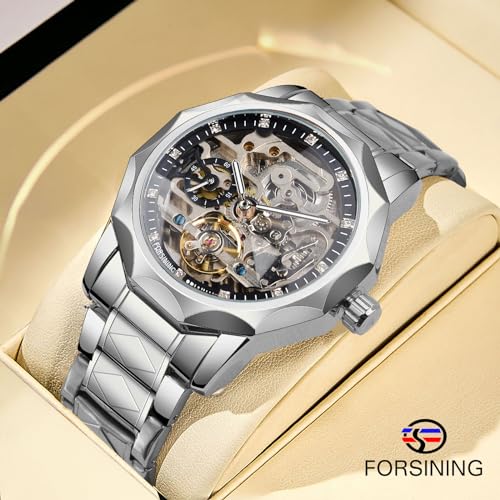 Image of FORSINING Men's Skeleton Automatic Tourbillon Watch Self-Wind Hollow Mechanical Watch Tourbillion Rhombus Stainless Steel Wristwatch Gold & Black