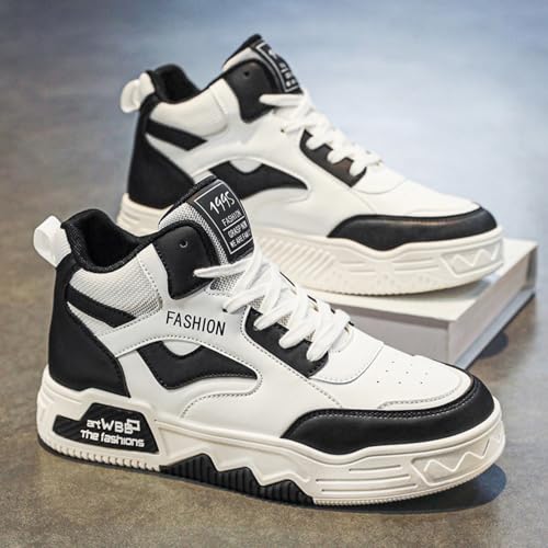 Men's Fashion Leather Lace Up Platform Sneakers Classic Mid Top Round Toe Non-Slip Shoes for Tennis Driving Walking2