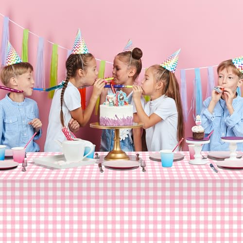 Image of 12Pack Pink and White Plastic Checkered Tablecloth, Premium Decorative Disposable Pink Gingham Plaid Table Cloths for Parties, Rectangle Party Table Cover for Picnic Farm Birthday Wedding, 54x108 Inch