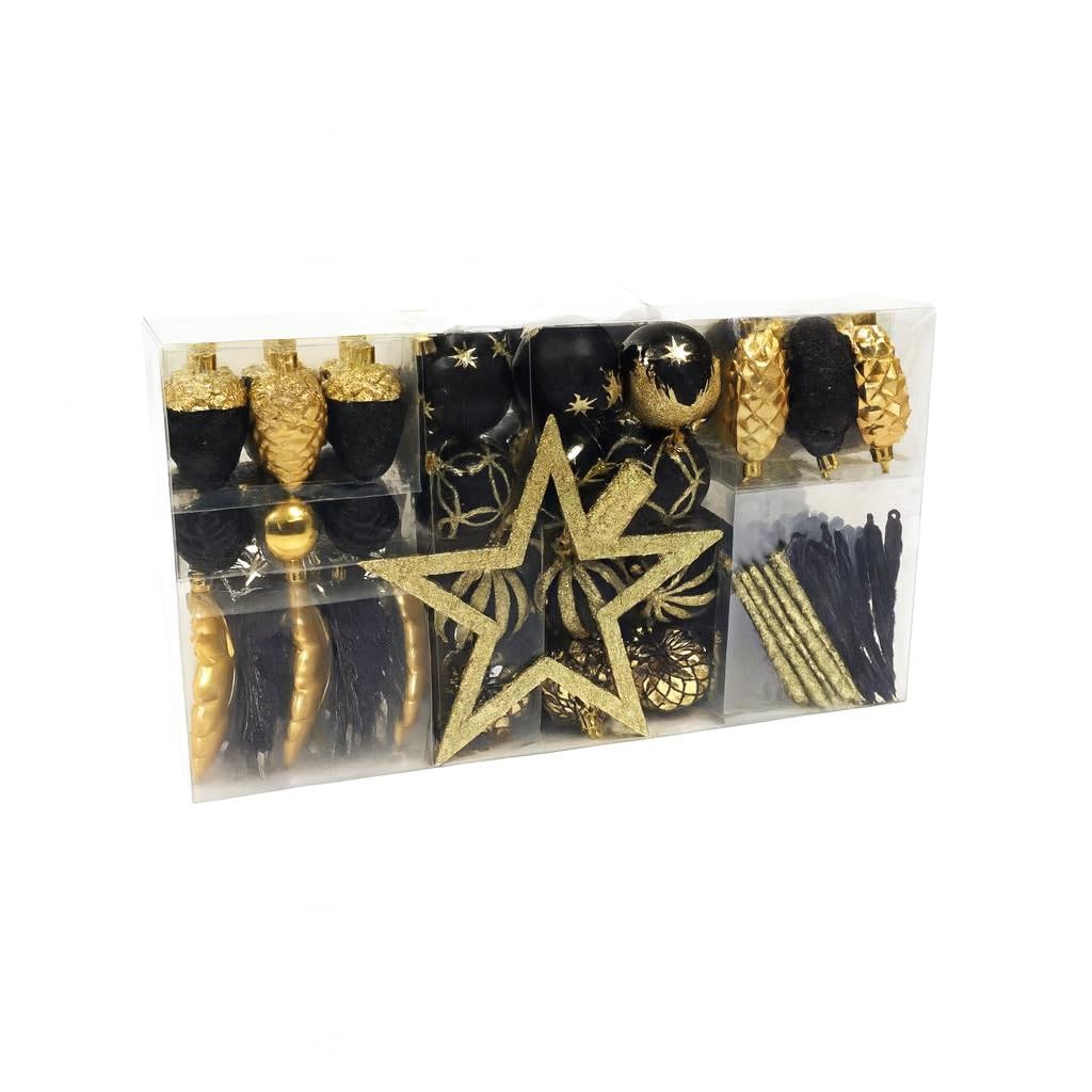 Neo 110PCS Christmas Tree Ornaments Set Shatterproof Baubles Decorations Tree Topper Star Luxury Ornament Kit Christmas Star Topper, Balls, Snowflakes & Icicles (Black & Gold)