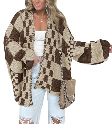 Image of BTFBM Casual Cardigan Sweater for Women Fall 2026 Long Sleeve Open Front Chunky Knit Sweaters Checkered Outwear Coat