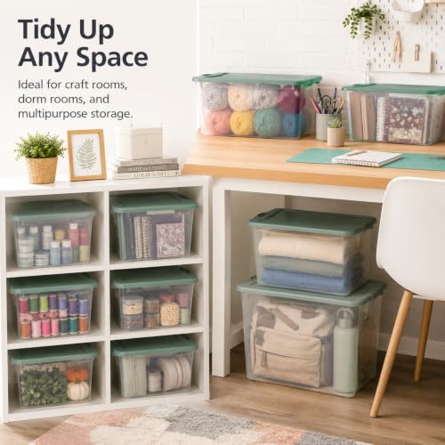 Image of Storage Bins 66 Qt Clear Latching Lid Stackable 6 Pack Sage Green