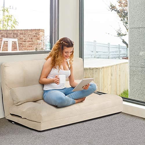 COSTWAY Double Folding Sofa Bed, 6-Position Adjustable Lounger Sleeper Seat Chair with 2 Pillows, Home Office Living Room Bedroom Floor Lazy Sofa Bed (Beige)