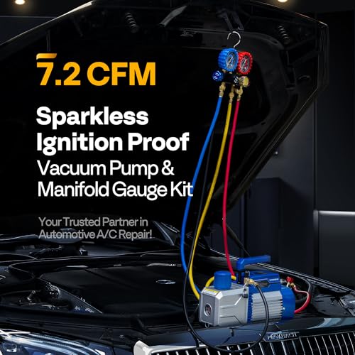 Image of VIVOHOME 110V 3 /4 HP 7.2CFM Dual Stage HVAC Vacuum Pump and 4 Way AC Manifold Gauge Kit, Sparkless Motor for R32 R1234yf R454B R134a R22 R410a Systems, Automotive Air Conditioner Maintenance