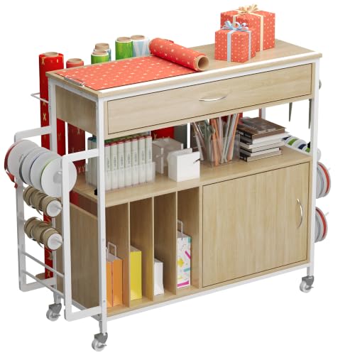 Zethvax Height-Adjustable Gift Wrapping Station with Paper Clamp & Adhesive Measuring Tape Rolling Wrapping Paper Cart with Ribbon & Gift Bag Storage Craft Organizer Workstation (Oak)