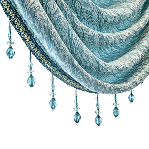 ELKCA Jacquard Waterfall Valance with Luxury Beads Blue Window Curtains Valance for Living Room,Rod Pocket,1 Panel (Blue, W39) by ELKCA - Image 6
