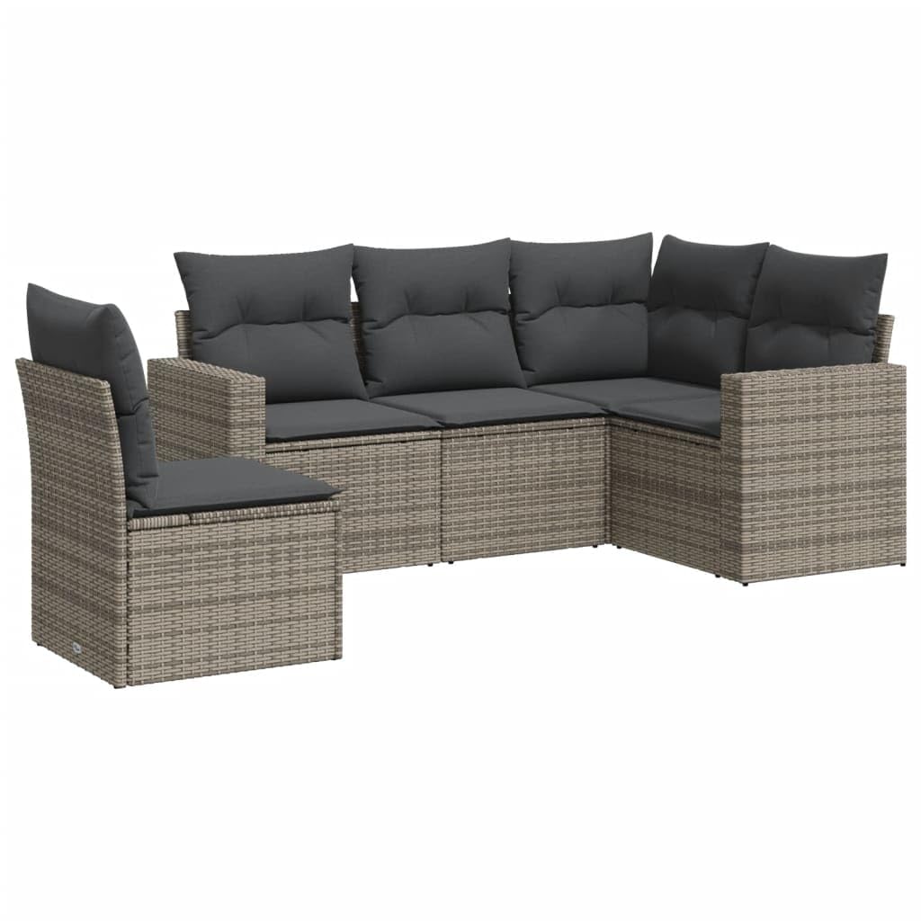 Set Divano da Giardino 5 pz in Polyrattan Grigio con Cuscini | Salotto modulare per terrazzo e patio dotato di comodo vano contenitore sotto la seduta e piedini regolabili.