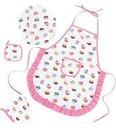 SHINEOFI 1 Set Kids Aprons for Cooking Cute Cupcake Baking Apron Girls Pink Apron with Pocket Kit...