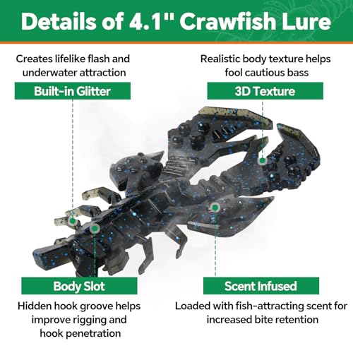Image of Battle Craw Soft Plastic Crawfish Lures Kit with Removable Rattles | Salt Infused Creature Bait for Bass Fishing, Texas Rig & Jig Trailer Lure in Tackle Box, Realistic 1:1 Claw-to-body 4.1 /5.5in