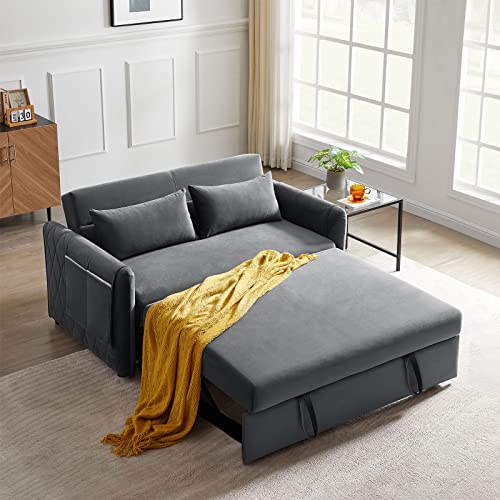 Antetek Convertible Sleeper Sofa Bed, 55-Inch 3 In 1 Velvet Loveseat Sleeper Sofa Couch With Pull Out Bed, Adjustable Backrest, Toss Pillow & Side Pocket For Living Room Bedroom, Apartment, Grey #TOP14
