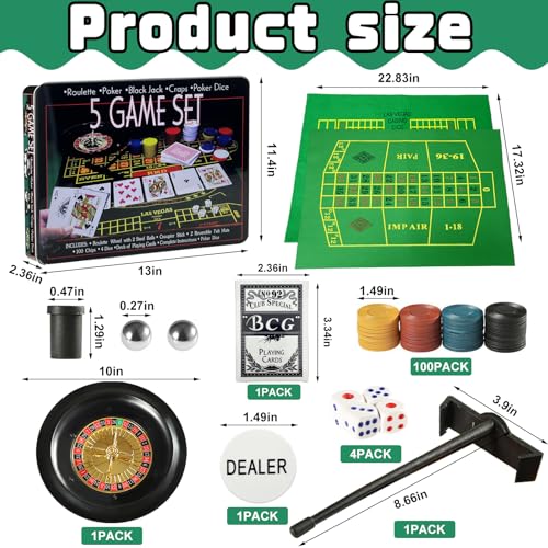IIDEA 5 in 1 Professional Roulette Wheel Set, 10-inch Gambling Wheel, with 100 Chips, 3 Different Game Table Mats, Rake and Ball, Casino Games Suitable for Roulette and Texas Hold'em - Thumbnail 2