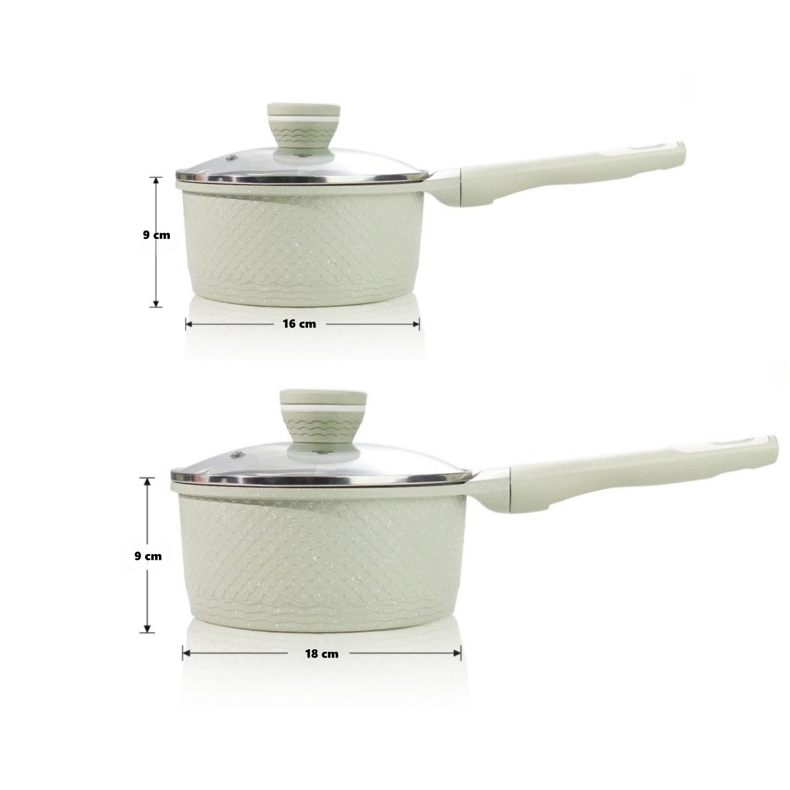 DYGG Zestaw rondli 16 + 18 cm z pokrywką 2,0 l i 1,5 l - garnki z powłoką zapobiegającą przywieraniu do wszystkich kuchenek łącznie z indukcją | 100% wolne od PFAS i PFOA | Chłodzący uchwyt bakelitowy