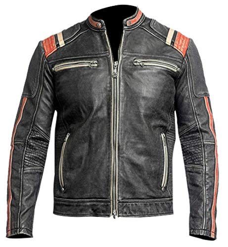 Image of Retro Cafe Racer Vintage Motorcycle Biker Distressed Black Leather Jacket for Mens