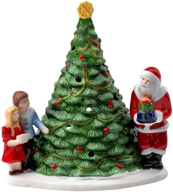 Villeroy & Boch Christmas Toy's Collection, Santa by The Tree, Decorative Figurine, Hard-Paste Porcelain, Green/Multi-Colored, 6.5x6.5x8.5 in, Tealight Holder
