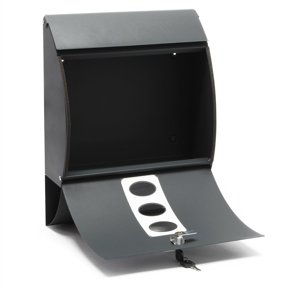 Wiltec Briefkasten Set V18 Anthrazit mit Ständer, Wandbriefkasten mit Schloss, Sichtfenstern und Zeitungsrolle, Postkasten aus pulverbeschichtetem Stahl