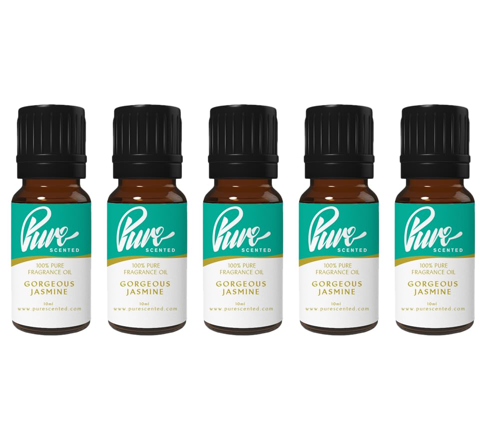 Pure Scented 50ml Fragrance Oils - 5 x 10ml Suitable for Candles, Soaps, Slime, Diffusers, Cosmetics, Wax Melts, Designer (5 x 10ml, Gorgeous Jasmine)