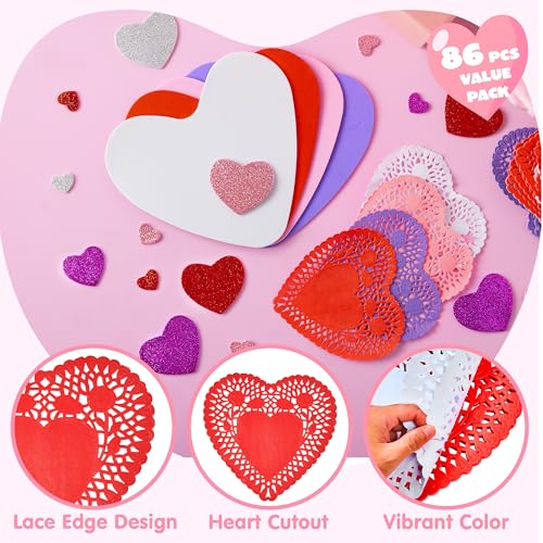JOYIN 86 Pcs Valentines Day Heart Doilies Craft Gift Set with 50 Pcs Paper Doilies, 12 Foam Craft and 1 Bags of Glitter Foam Heart Stickers for Valentine's Day Party Tableware Decoration by JOYIN - Used condition - Image 3