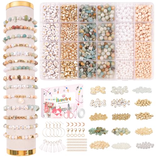 OIOYCLG Selber Machen Natürliche Amazonit Edelstein Perlen für Armbänder, Set zum Basteln DIY Armband Schmuck mit Buchstabenperlen, Geschenk Erwachsene & Kinder Weihnachtsferien,Geburtstags,Partys