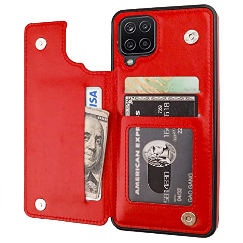 ONETOP for Samsung Galaxy A12 Wallet Case with Credit Card Holder,Red
