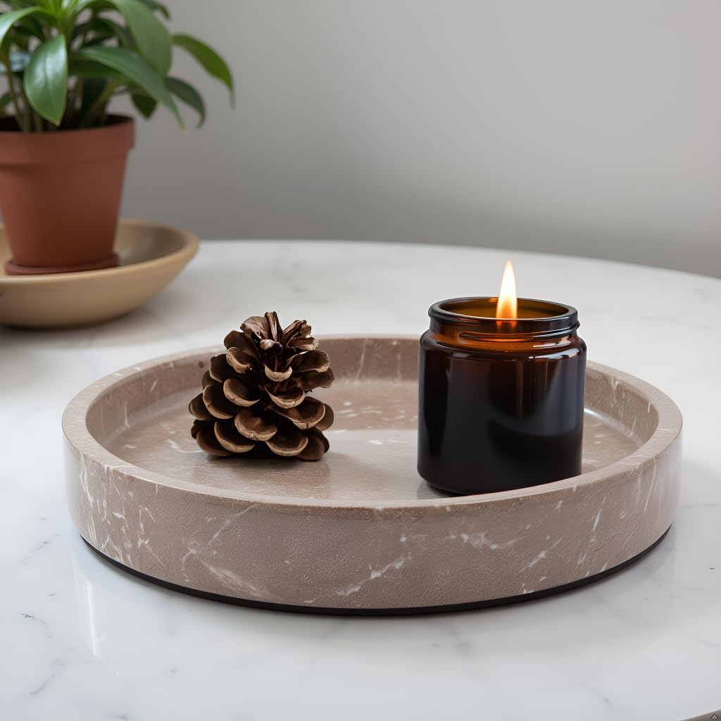 Marble Round Tray, 10" Inch Coffee Brown Elegant Trays for Kitchen, Coffee Table, Bathroom, Decorative Serving Tray, Modern Round Trays for Vanity