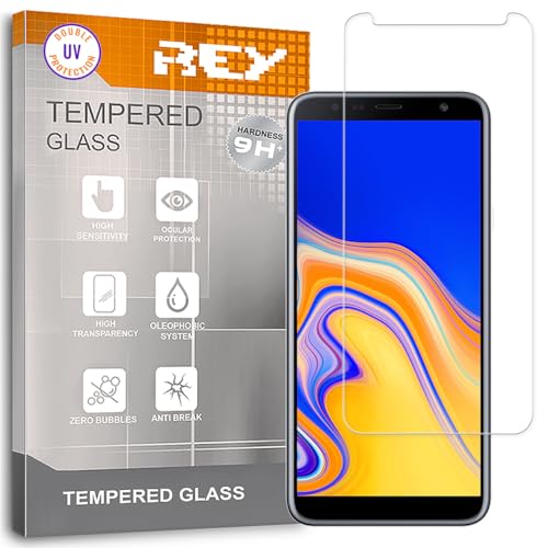 REY Protector de Pantalla para Samsung Galaxy J4 Plus 2018 - J6 Plus 2018 - J4 Core, Cristal con Doble Protección UV, Vidrio Templado Premium 9H+
