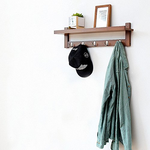 Wooden Hooks for Wall Coat Rack Shelf, Wall-Mounted Bamboo Hook Rack with Upper Shelf for Storage Scandinavian Style for Hallway Bathroom Living Room Bedroom (5 Hooks Brown) - Thumbnail 2
