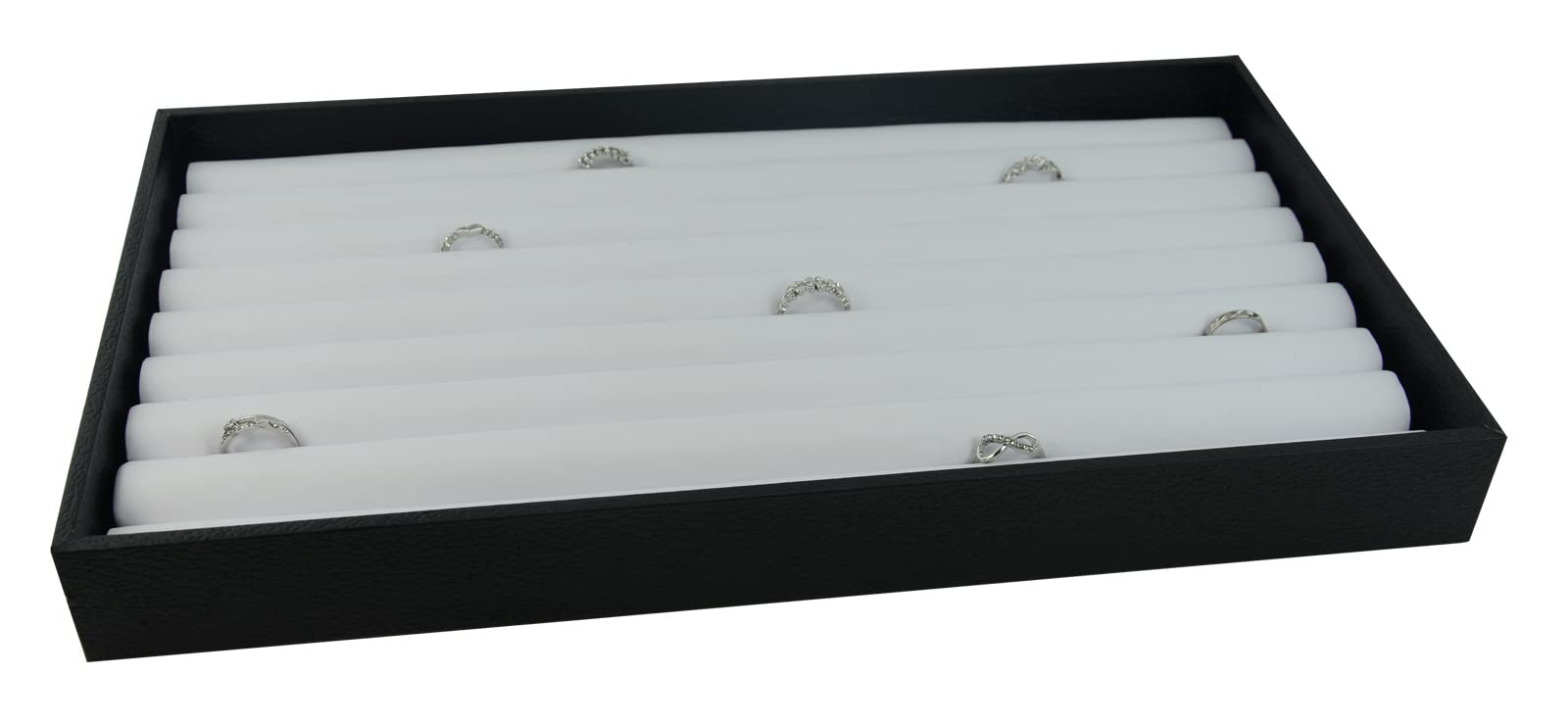 1.5 Inches Deep Wooden Presentation Display Tray with Choice of Ring/Cufflink Rolls Display Insert which holds 60-80 Items (Tray with White Leatherette Ring Rolls)