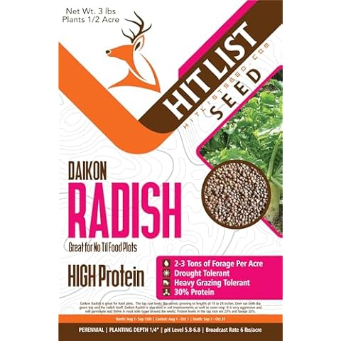 Hit List Seed Daikon Radish Food Plot Seed Cover Crop Brassica Seeds for Whitetail Deer 1/2 Acre (3 lbs) Cover