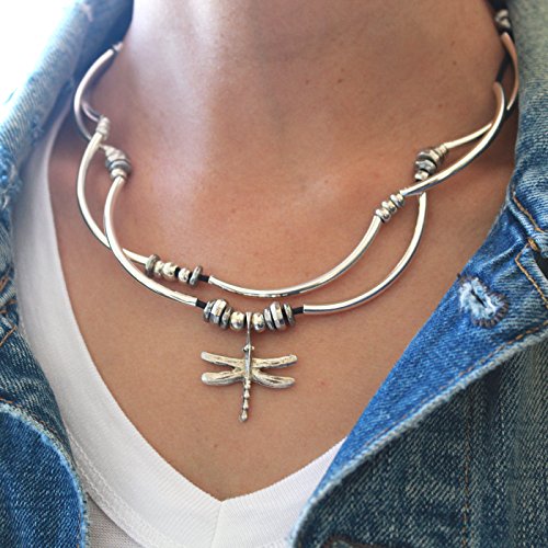 Dragonfly Charm Natural Black Leather And Silver Plate Wrap Bracelet Necklace (Small) #TOP4