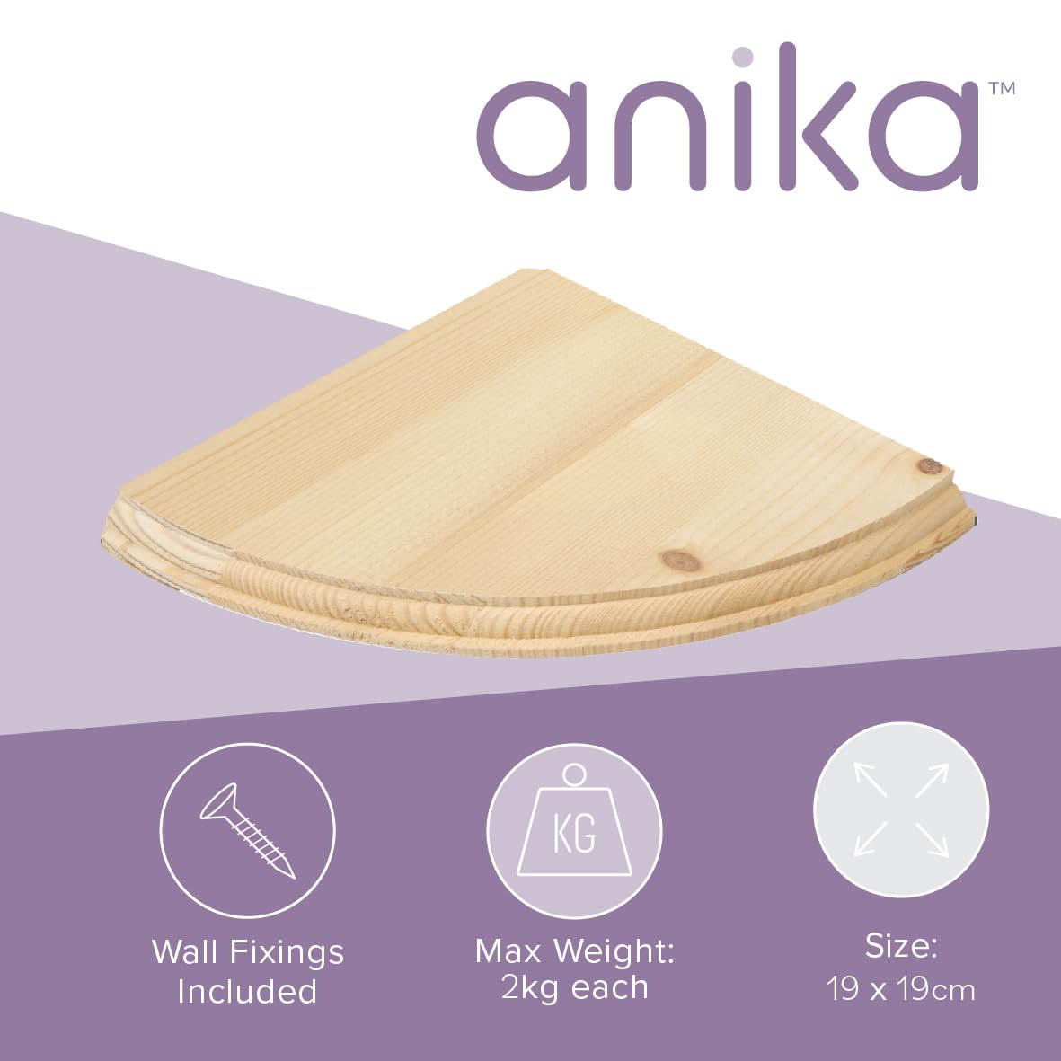 Anika Living - Mensola angolare sospesa in legno, 2 misure, facile da montare, pronta da dipingere, macchiare o verniciare, accessori inclusi (28,5 cm x 28,5 cm) (Confezione da 2)