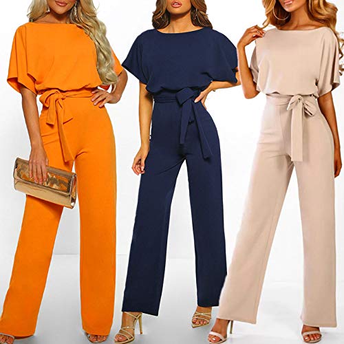 Qeaghou One Piece Jumpsuits For Women Dressy Elegant Short Sleeve Jumpsuit Summer High Neck Belted Business Jumpsuits #TOP4