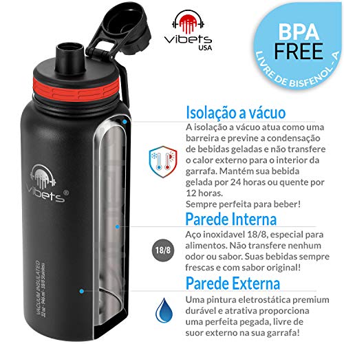 Garrafa Térmica Sport Vibets Hydro USA com Parede Dupla Isolada a Vácuo, 946 ml (Preta/Vermelha)