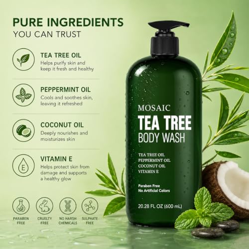 Image of AnatoliaDaphne Tea Tree Body Wash and Shower Gel with Vitamin E for Jock Itch, Eczema, Ringworm, Body Odor, Body Wash Women & Men with Added Body Oils,LARGE 20.2 FL Oz Bottle (Tea Tree, Pack of 2)