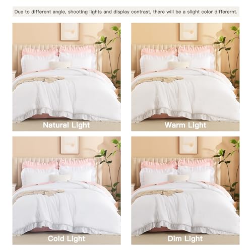 Image of Litanika White Twin Size Comforter Sets, 3 Pieces Ruffle Farmhouse Aesthetic Bedding Comforter Sets, All Season Soft Lightweight Fluffy Microfiber Bed Set(66x90In Comforter, 1 Pillowcase)