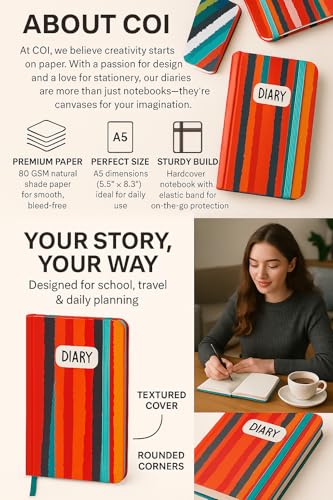 Image of COI A5 Trendy Striped Hardcover Diary 5.5x8.5″ - 192-Page Unruled Journal, 80 GSM Cream Paper, Dual Ribbon Bookmarks, Elastic Closure & Rounded Corners