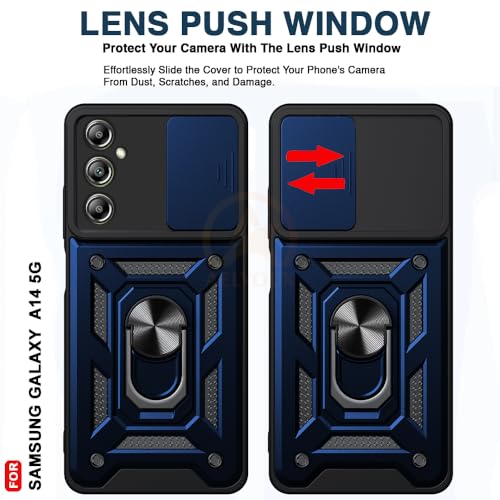 Image of Armor Bumper Back Cover Case for Samsung A14 Rotating Camera Cover, Ring Holder & Kickstand | Heavy Duty & 360 Degree Protection Samsung A14 Back Cover (Blue)