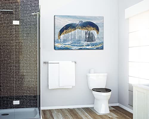 Pigort Framed Canvas Print Wall Art Whale Tail Splashes In Teal Ocean Water Animals Seascape Modern Art Nautical Landscape Relax/Calm For Living Room, Bathroom,Bedroom, Office - 36"X24" #TOP5