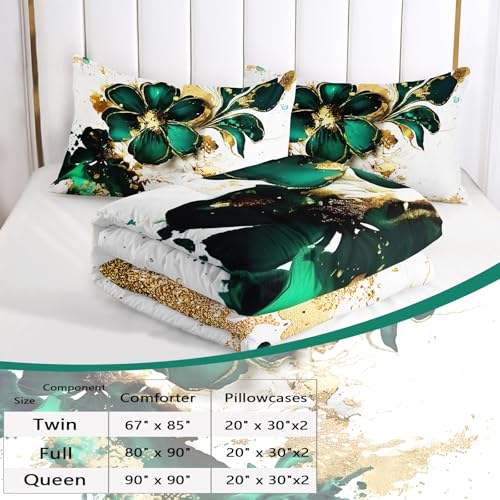 Image of AILONEN Marble Bedding Set Twin Size,Gold Green Floral Comforter Set,Marble Comforter Sets for Kids Girls,Luxury Lightweight Duvet Set 3 Pieces,1 Quilt and 2 Pillowcases