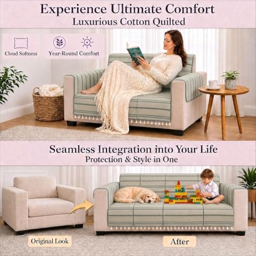 Image of STITCHNEST 'Frostvine Collection' 1 Seater Sofa Cover - Full Coverage| Cotton Quilted Fabric, Decorative Tassels, Washable & Durable for Modern Living